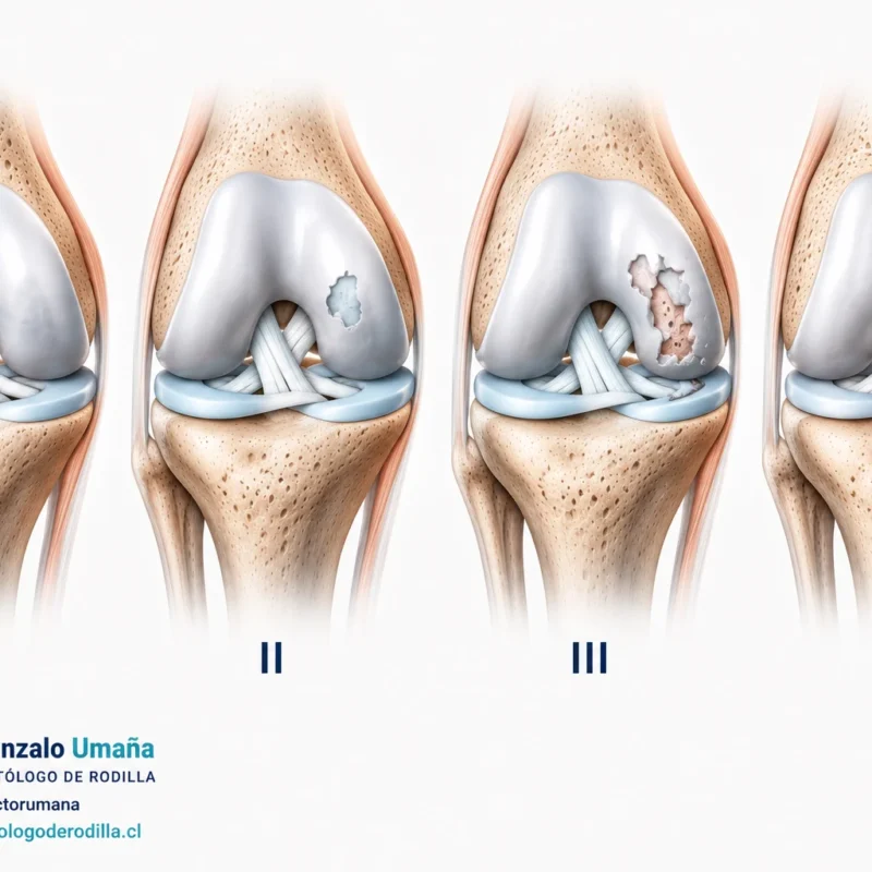 Condropatía de rodilla grados 1, 2, 3 y 4 mostrando la progresión del daño del cartílago